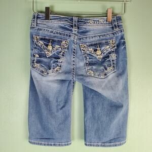 Miss Me Girl's Big Border Flap Pocket Embroidered Bling Bermuda Shorts Size 14